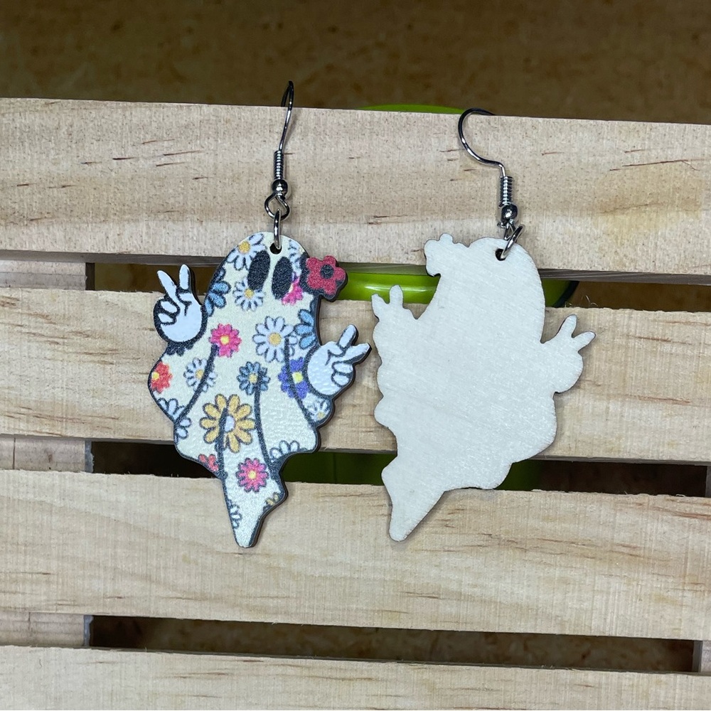 Wooden Floral Ghost Earrings - Picture 2 of 2